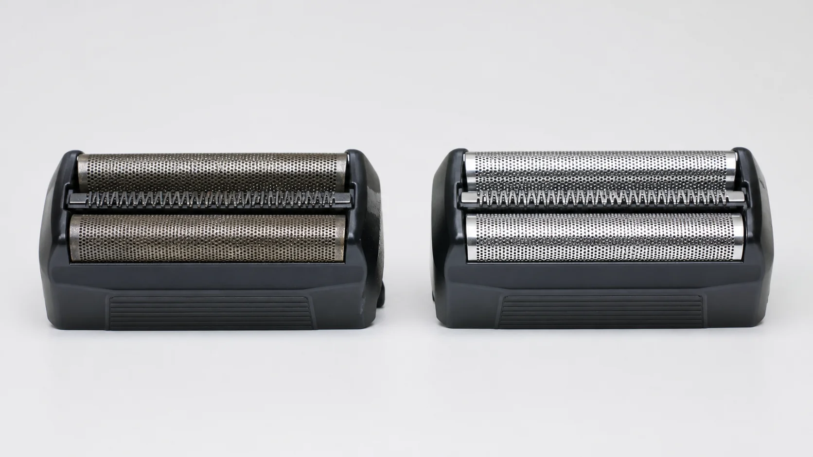 Worn and new compatible foil shaver replacement heads shown side by side