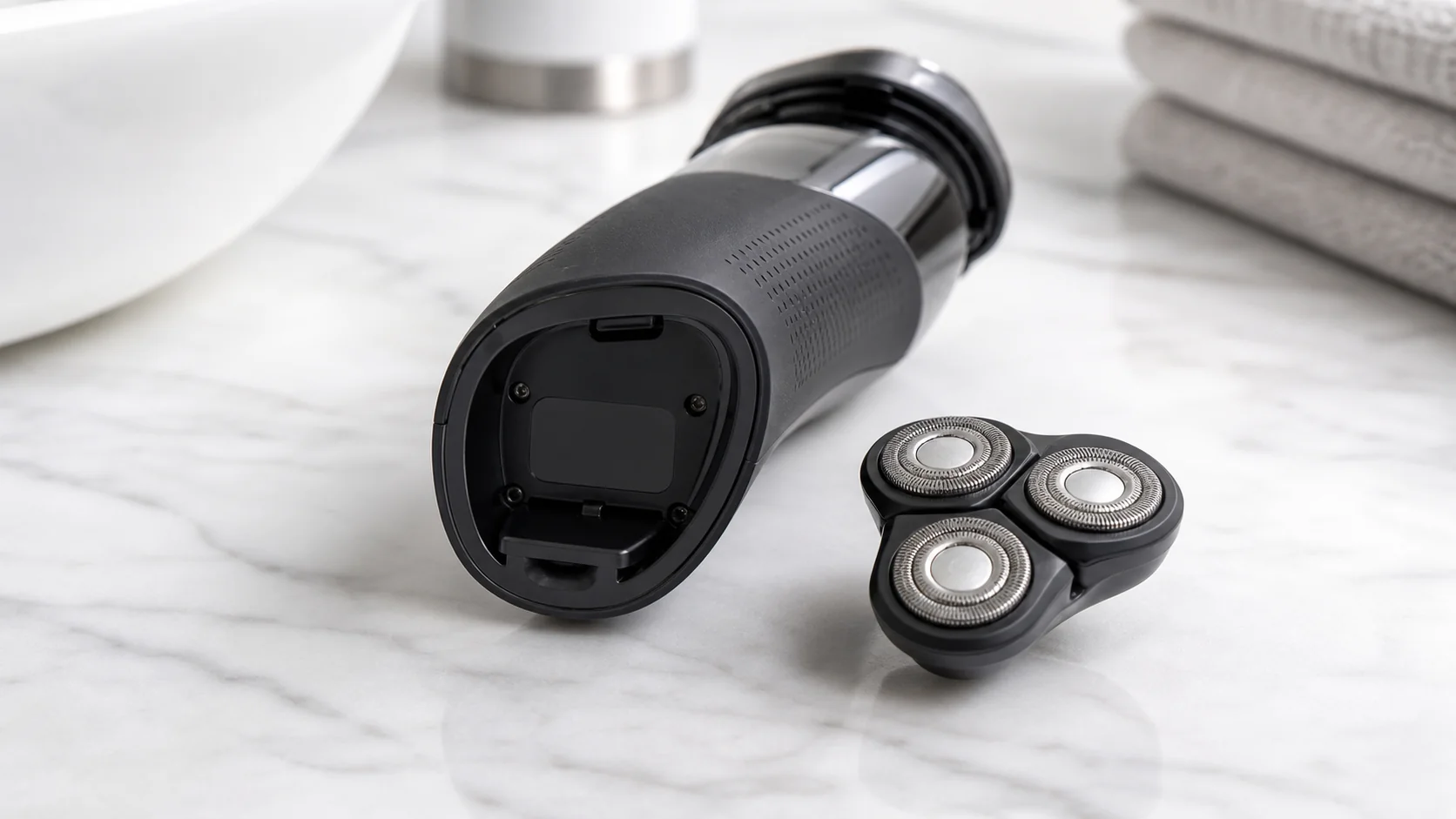 Rotary electric shaver underside and genuine replacement head assembly