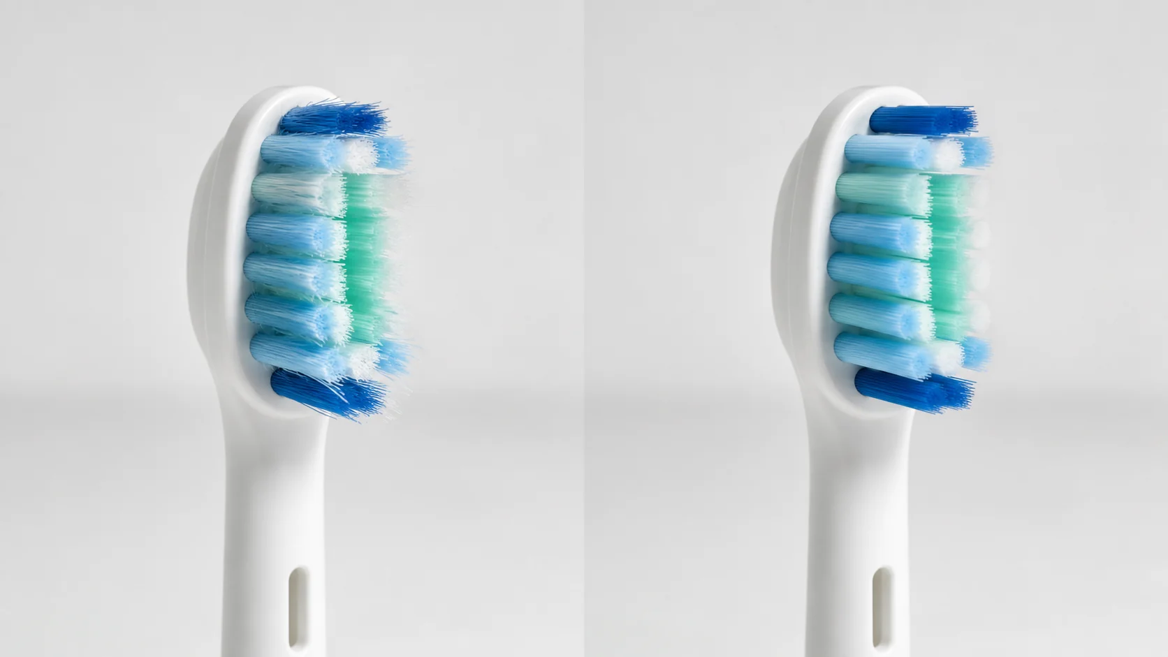 Worn and new compatible sonic toothbrush heads shown side by side